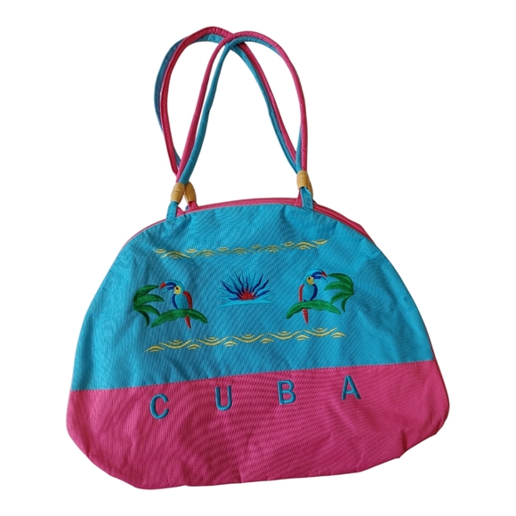 Pink and Blue Tote Bag with Embroidery and Rounded Shape - Picture 1 of 4